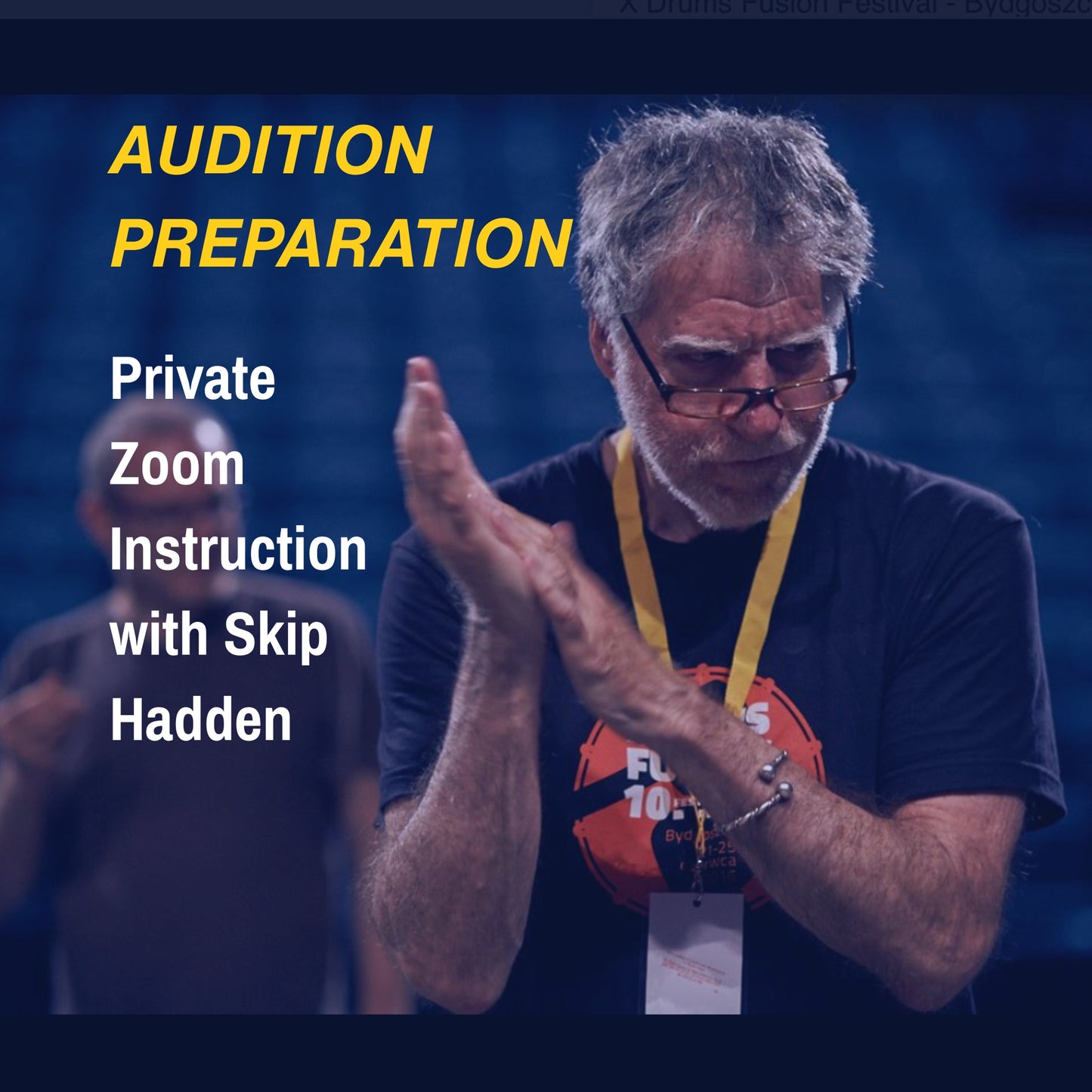 Skip Hadden with text about audition preparation and private Zoom instruction with Skip Hadden.