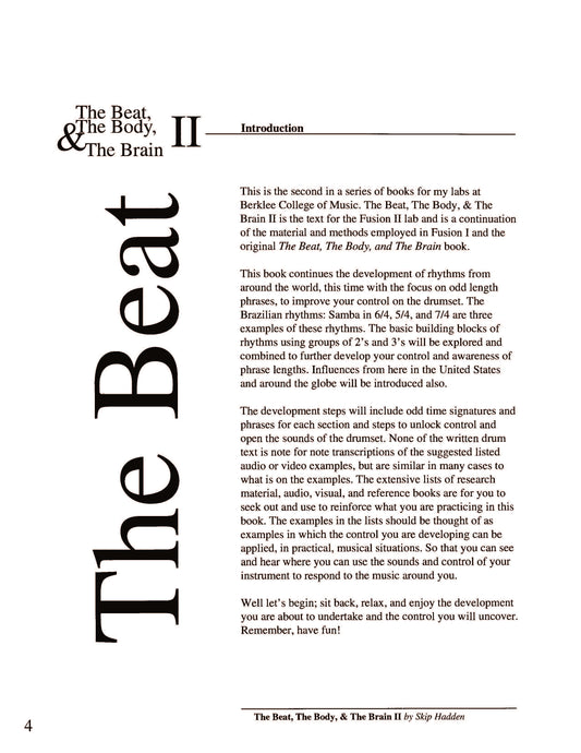 Text page from a book titled 'The Beat, The Body, & The Brain II' with introductory text.