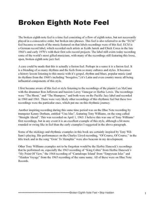 Text document about the 'Broken Eighth Note Feel' music style on a white background