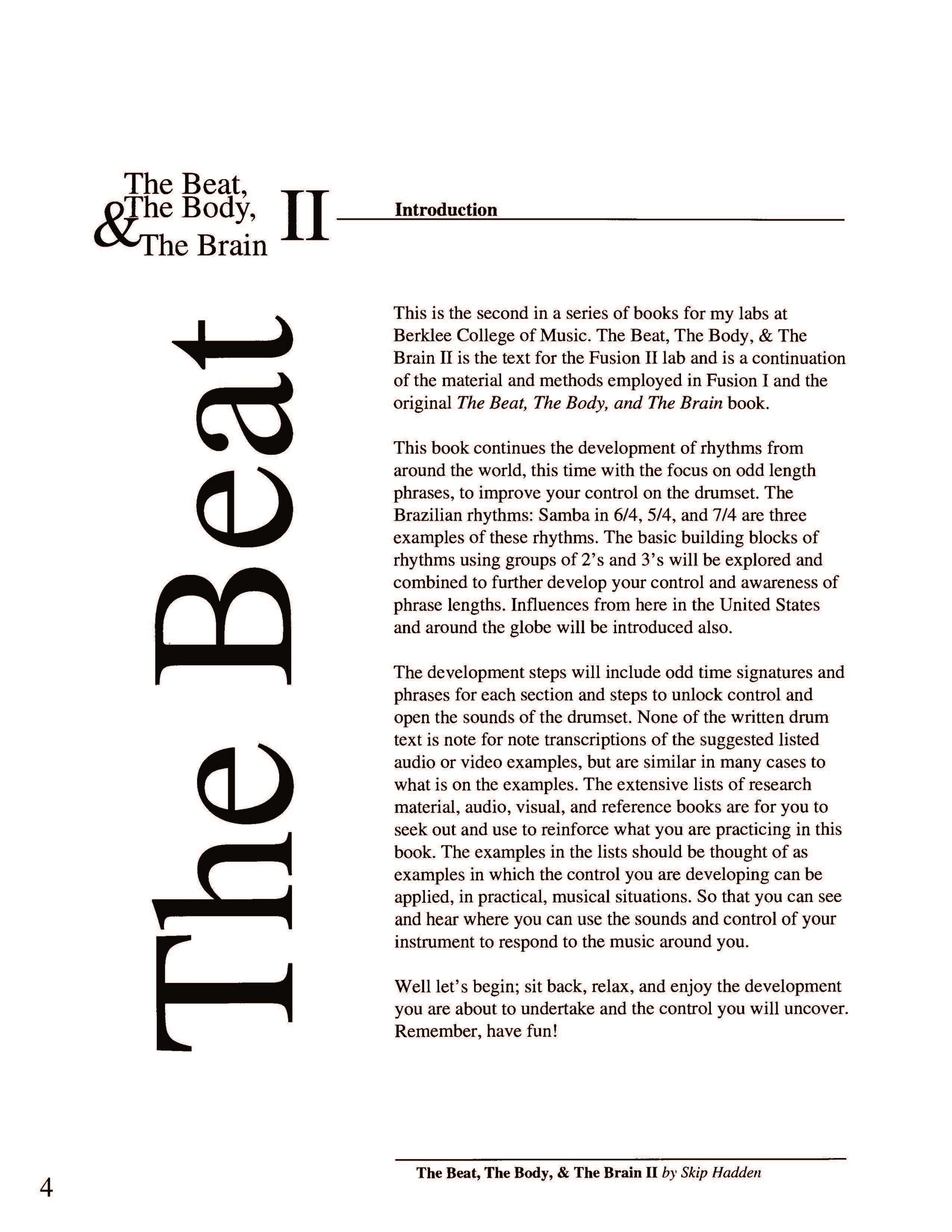 Text page from a book titled 'The Beat, The Body, & The Brain II' with introductory text.
