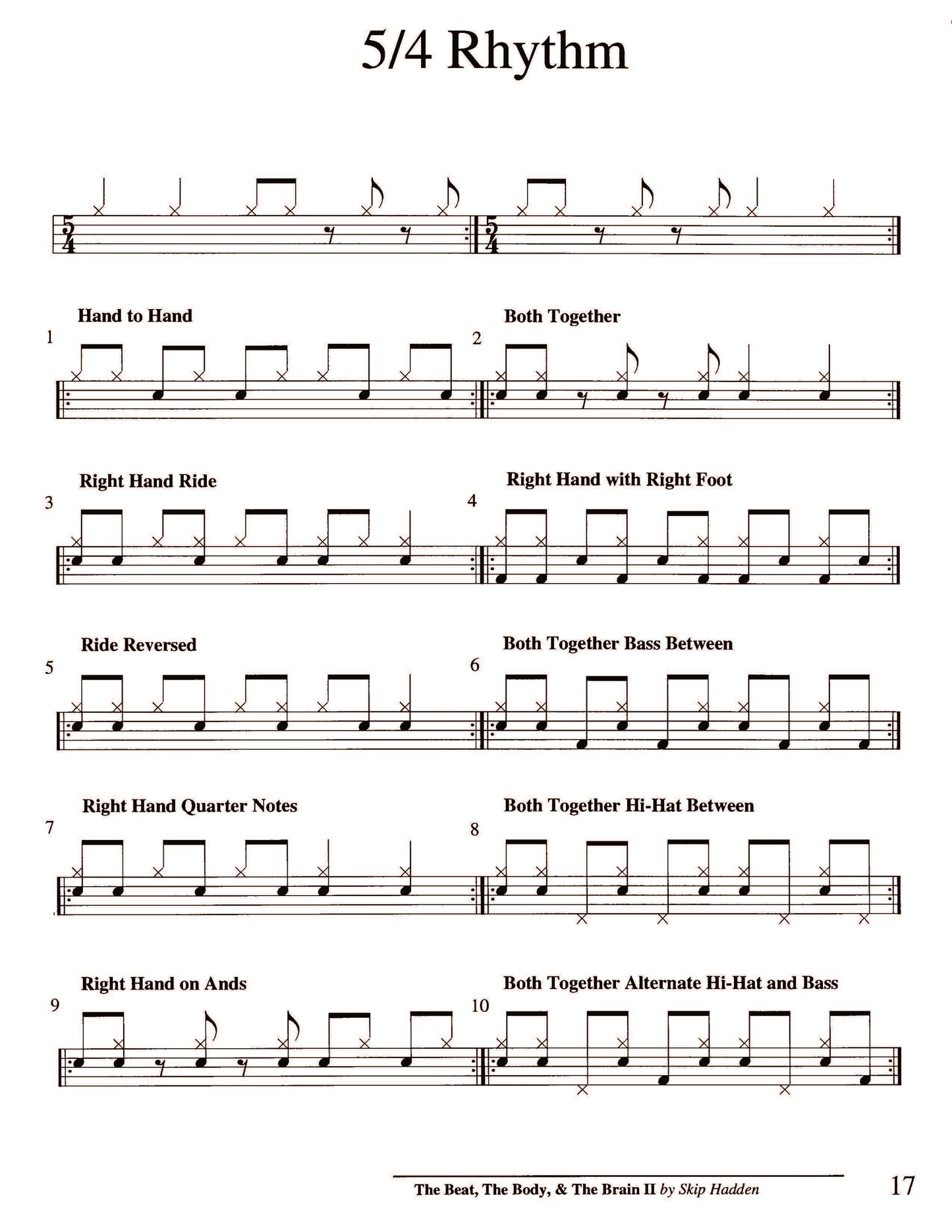 Drumming exercise sheet with 5/4 rhythm instructions on a white background