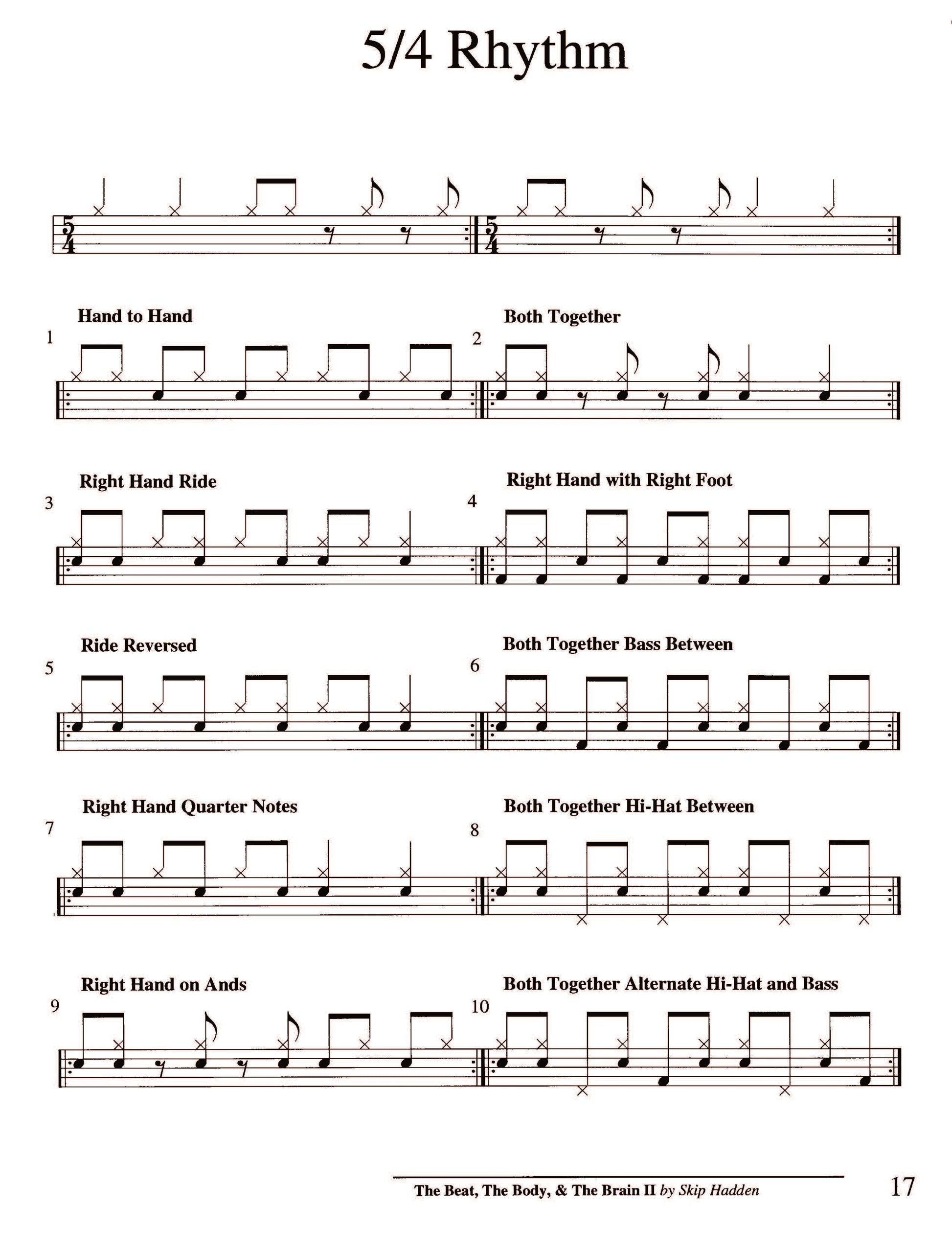Drumming exercise sheet with 5/4 rhythm instructions on a white background
