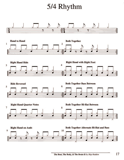 Drumming exercise sheet with 5/4 rhythm instructions on a white background