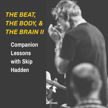 Skip Hadden playing drums with text overlay about coaching and lessons with Skip Hadden.