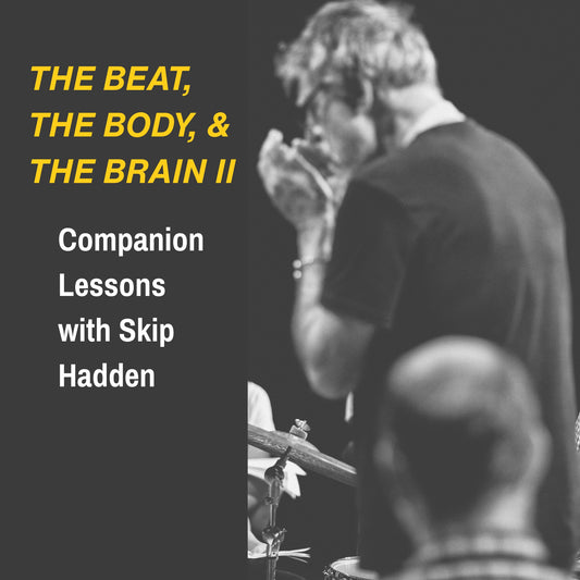Skip Hadden playing drums with text overlay about coaching and lessons with Skip Hadden.