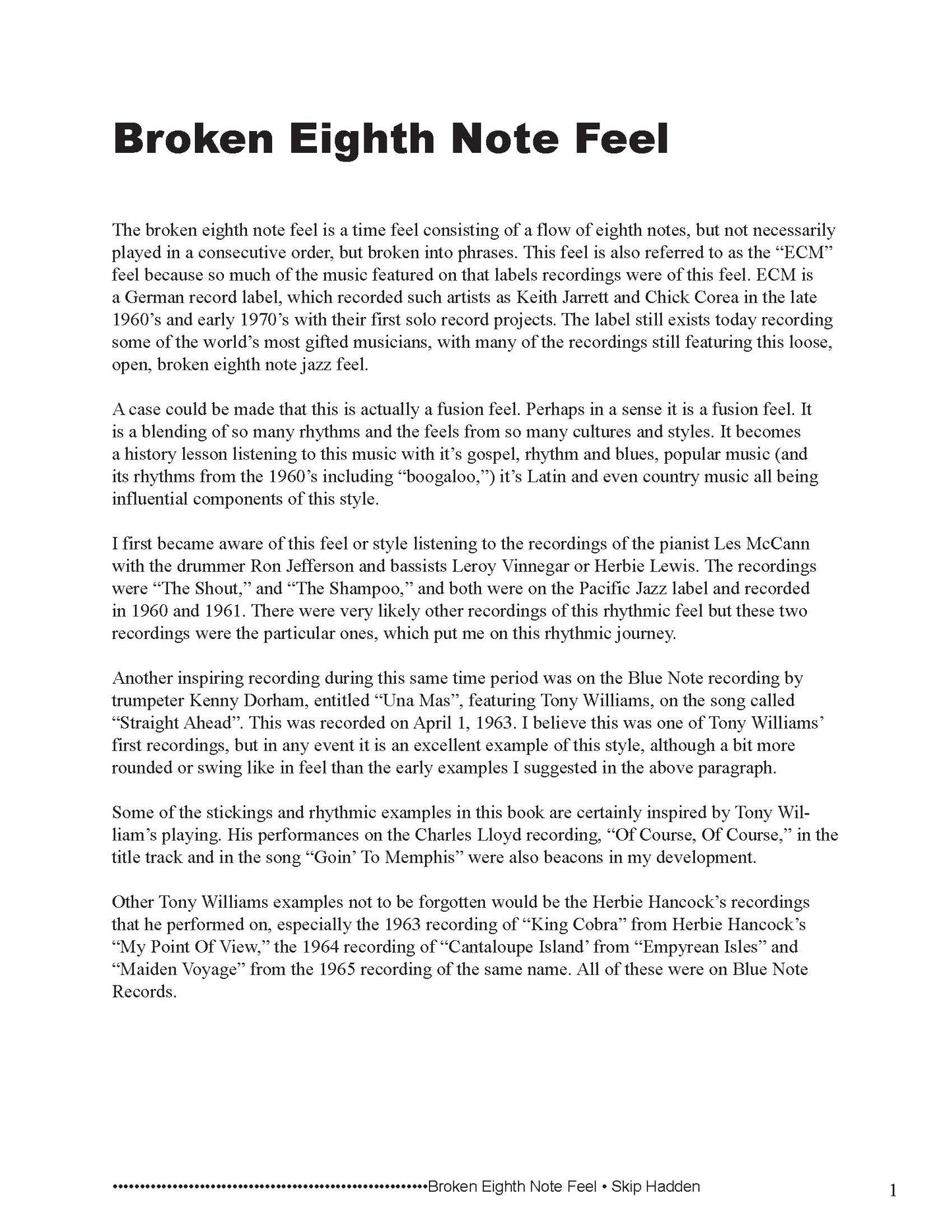 Text document about the 'Broken Eighth Note Feel' music style on a white background