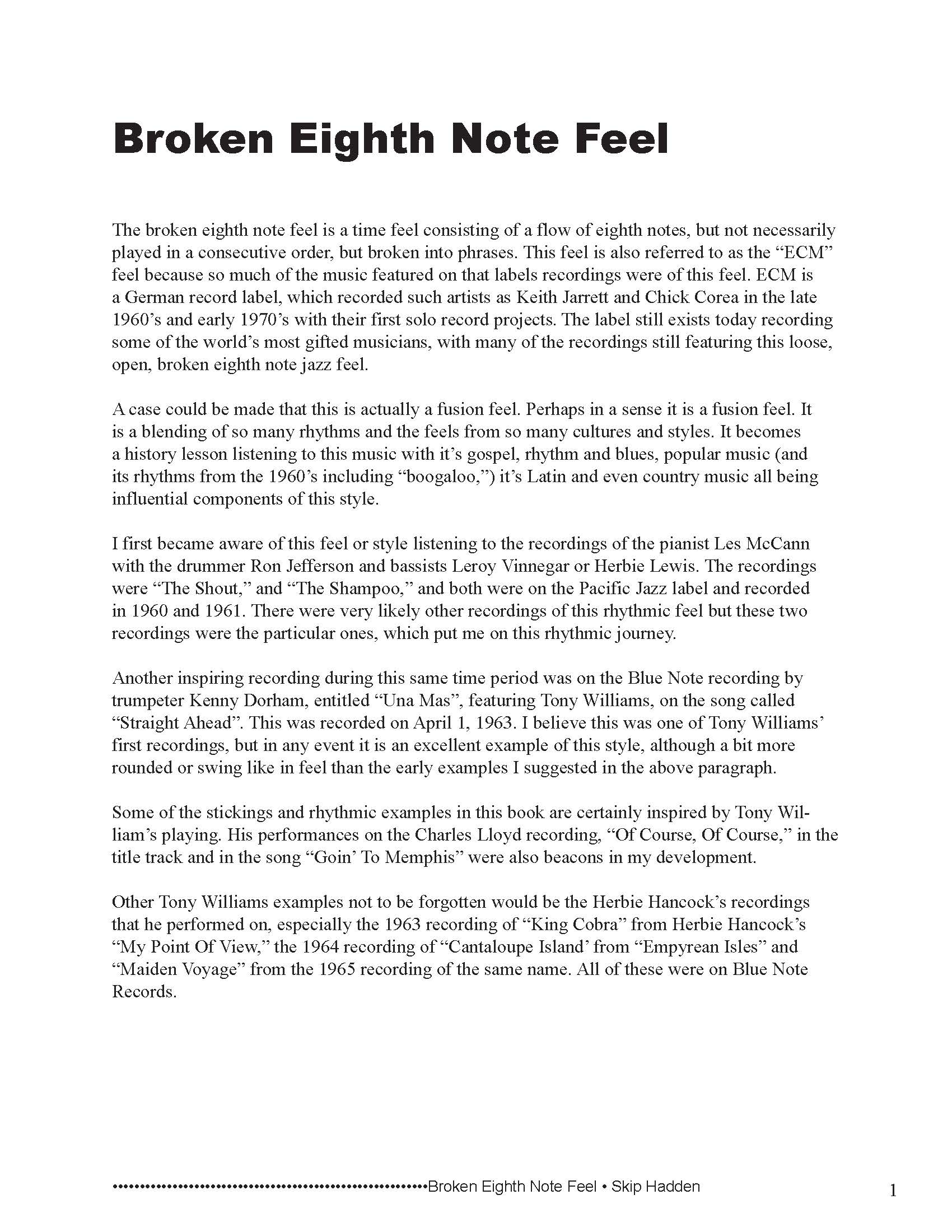 Text document about the 'Broken Eighth Note Feel' music style on a white background
