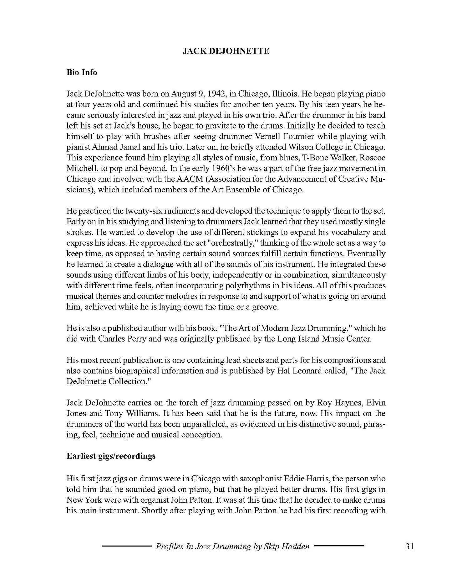Page from a book or document about Jack DeJohnette's bio, featuring text on a white background.