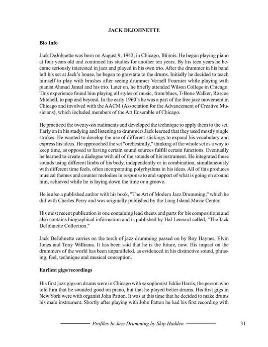 Page from a book or document about Jack DeJohnette's bio, featuring text on a white background.