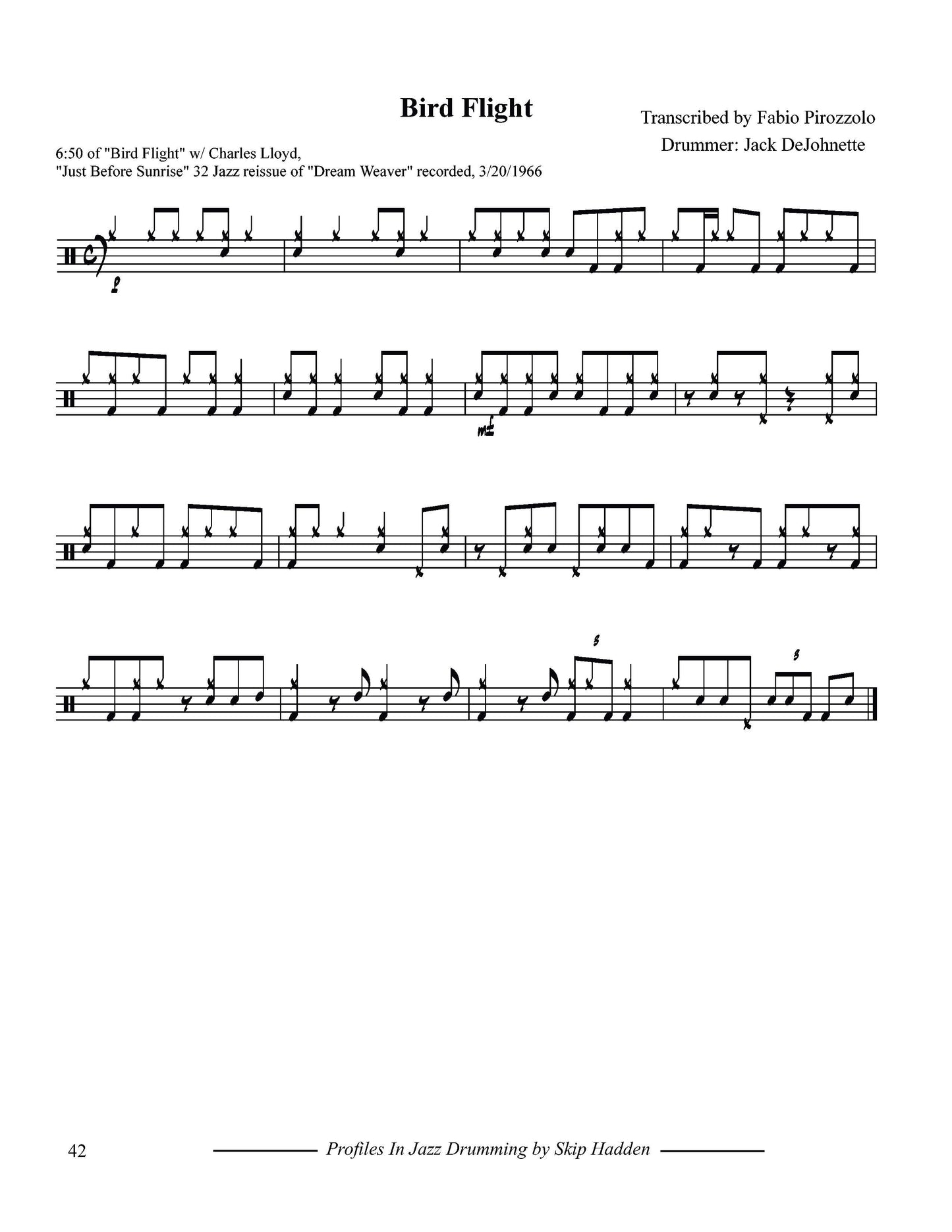 Sheet music for 'Bird Flight' with drum notation and transcription details.