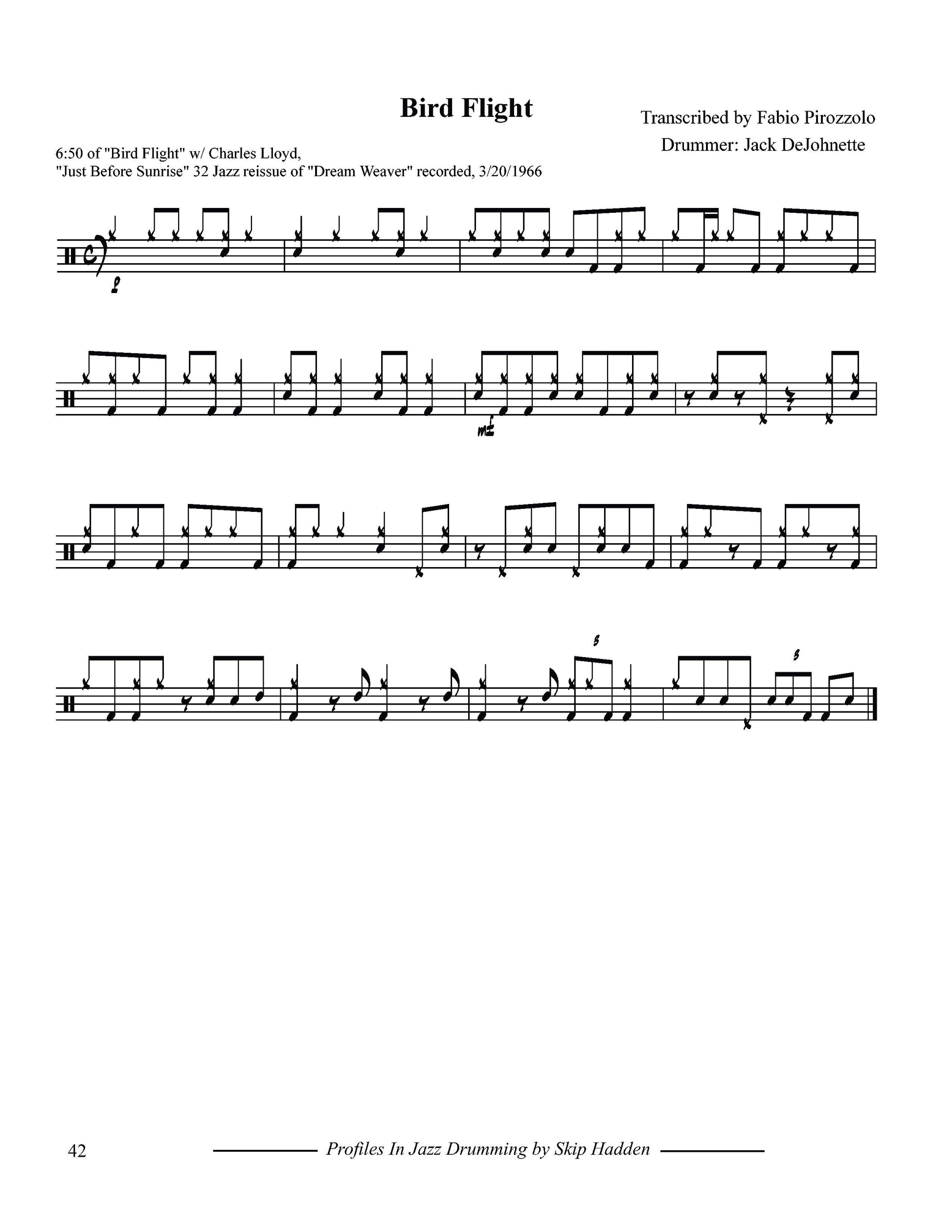 Sheet music for 'Bird Flight' with drum notation and transcription details.