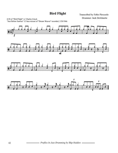 Sheet music for 'Bird Flight' with drum notation and transcription details.
